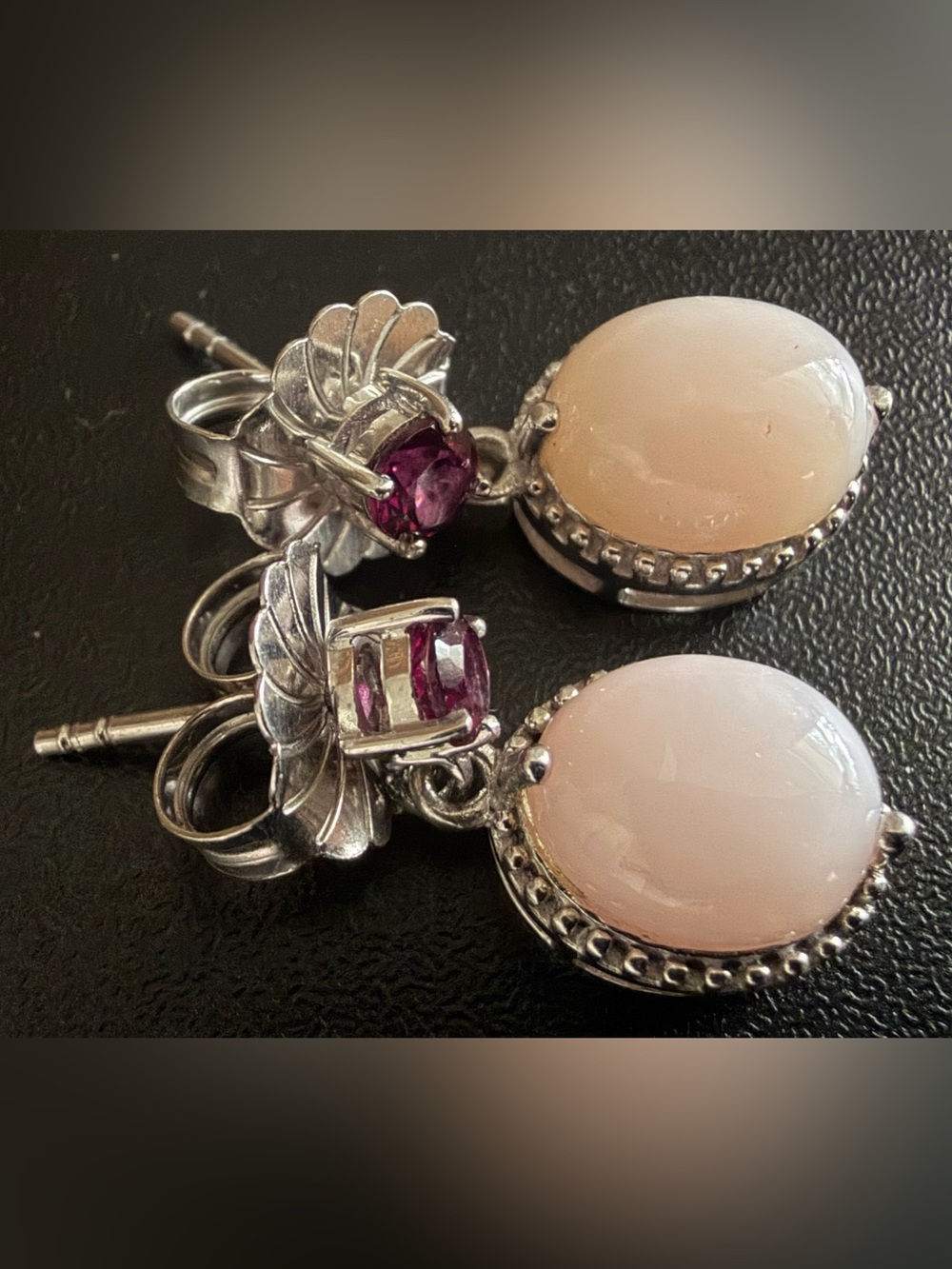 VINTAGE MLD TH 925 STERLING SILVER PINK OPAL & RHODOLITE GARNET DANGLE EARRINGS - Picture 4 of 12
